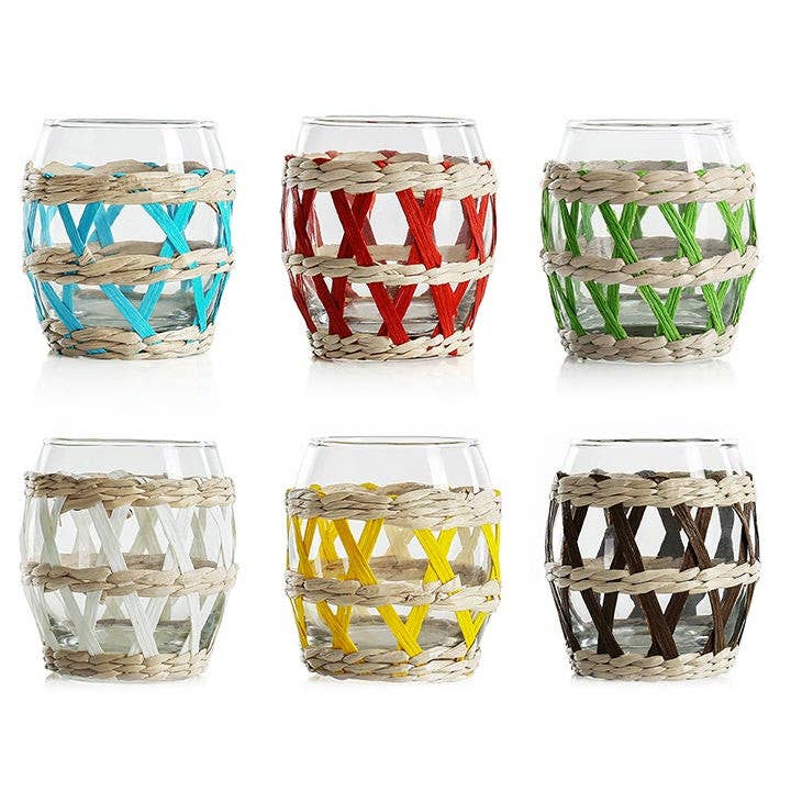 Will's Company - Wholesale Candle Holder - Clear Glass Votive with Wicker Sleeve, 6 asst colors- 3.5" H