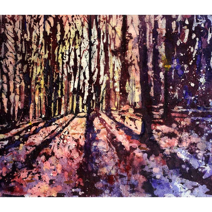 Aquarell-Landschaftsmalerei eines Waldes bei Sonnenuntergang - Landschaftskunst, Aquarelldruck, Landschaftsmalerei, Kunstmalerei, Wanddekor, Batik-Kunst-Giclée für den Großhandel von Ryan Fox Fine Art