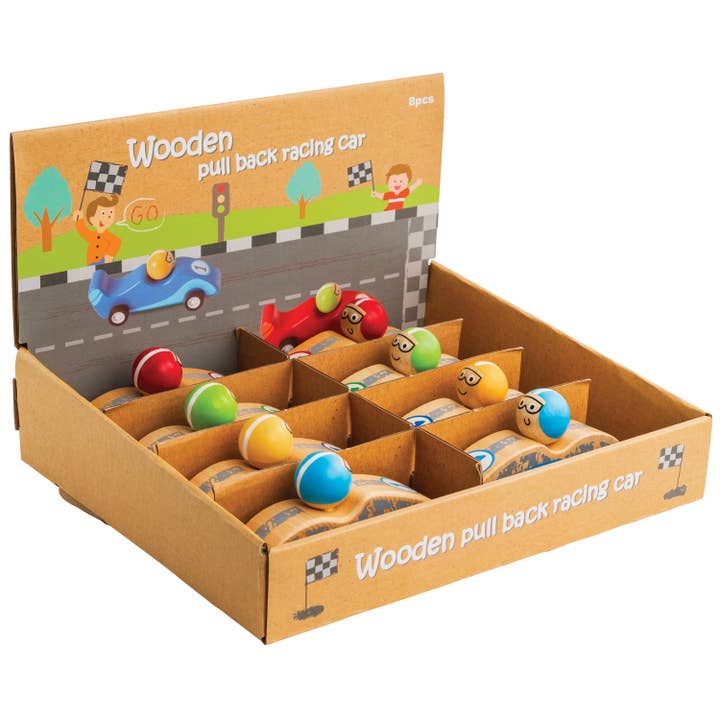 Wooden Pull Back Race Car 8-Unit Display for wholesale by US Toy Company