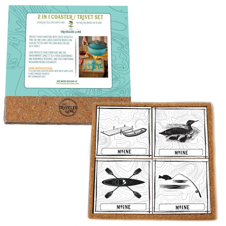 Dessous de verre ou ensemble de dessous de verre/trivet pour kayak de pêche sur lac Loon pour la vente par The Traveled Lane®