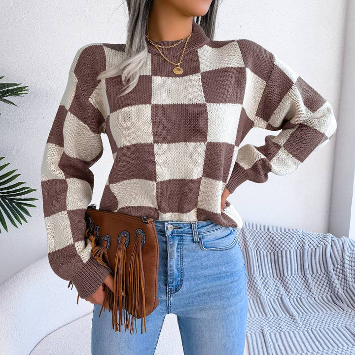 Hope & Sunshine - Wholesale Knit Sweater - Women's - Colorblock Plaid Knit Sweater For Women7