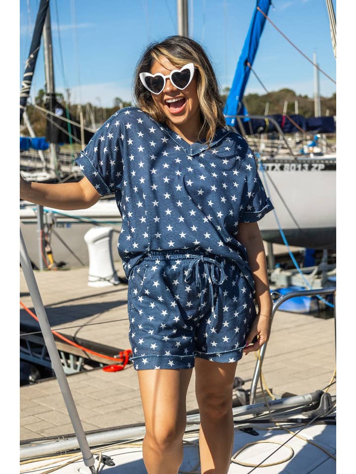 Blue The Lucy Navy Stars Waffle Knit Top for wholesale on Faire