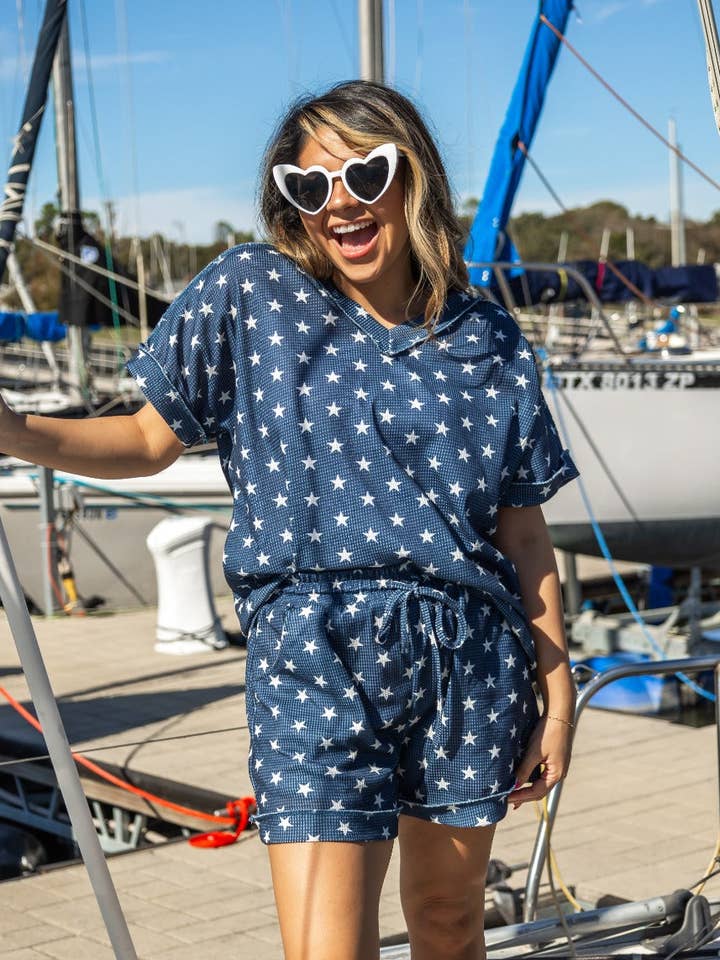 The Lucy Navy Stars Waffle Knit Top for wholesale by GRACE+EMMA by Southern Grace