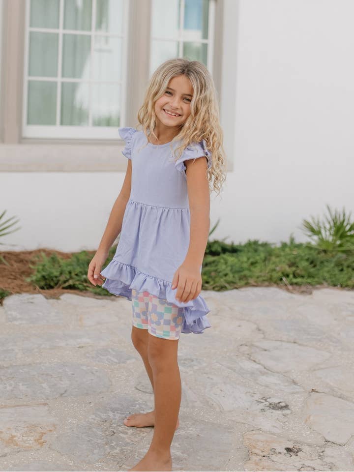 Adorable Sweetness - Wholesale Top & Short Set - Kids - Girls Periwinkle Ruffle Hi-Lo Retro Check Spring Short Set