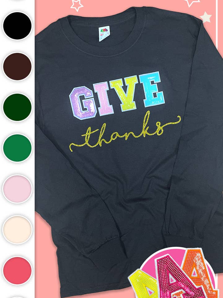 T-shirt graphique à manches longues Give Thanks à sequins pour la vente par Sugar Stitch