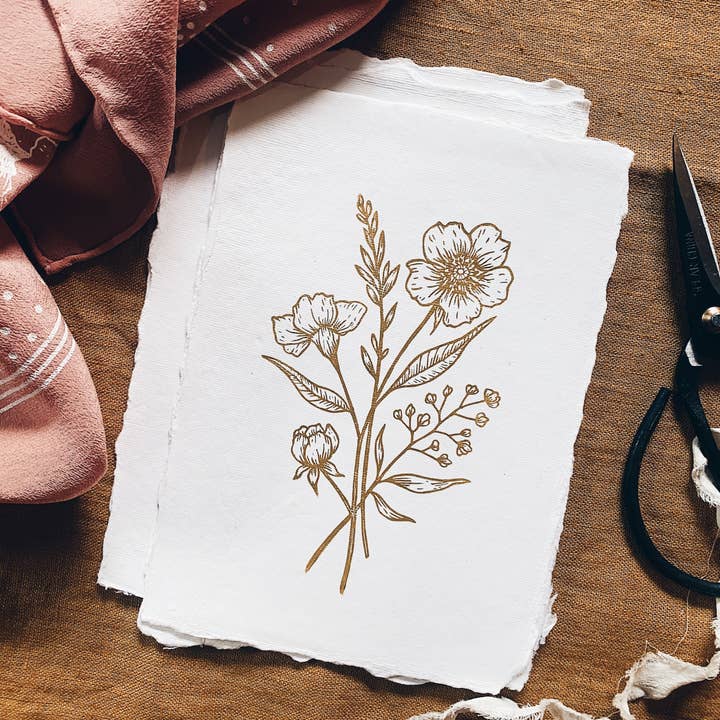 Flora West Design - Wholesale Art Print - 5x7 Spring Sprig Block Print on Handmade Paper1