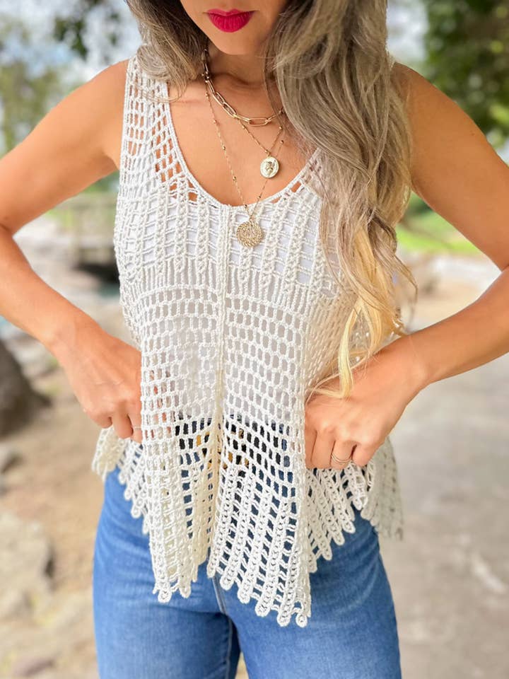 Ivory Bohemian Loose Fit Cotton Crochet Tank Top for wholesale by AMOLI