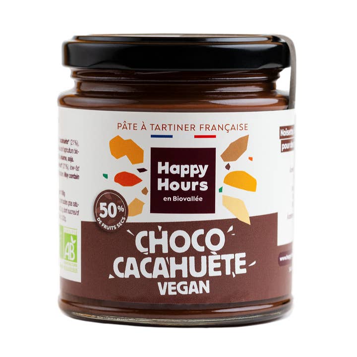 Bio Veganer Schoko-Erdnuss-Aufstrich - 240g Glas für den Großhandel von Happy Hours en Biovallée