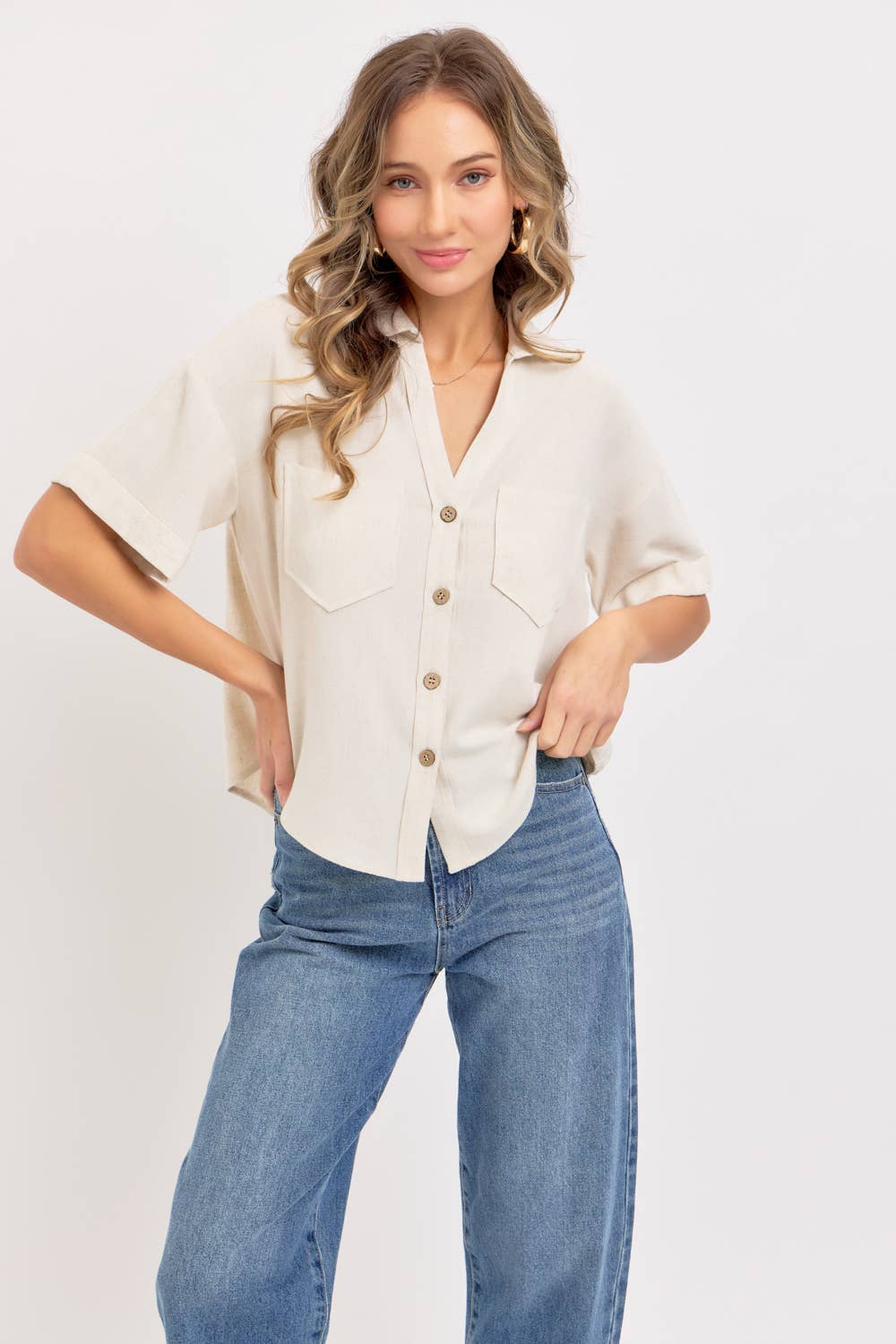 Sweet Lovely by Jen - Wholesale Button Down Shirt - Women's - LINEN BLEND BUTTON DWON CASUAL SHIRT11