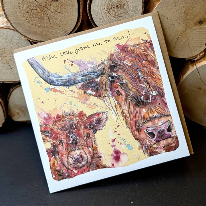 Carte « With Love from Me to Moo » Highland Cow pour la vente par Tori Ratcliffe Art