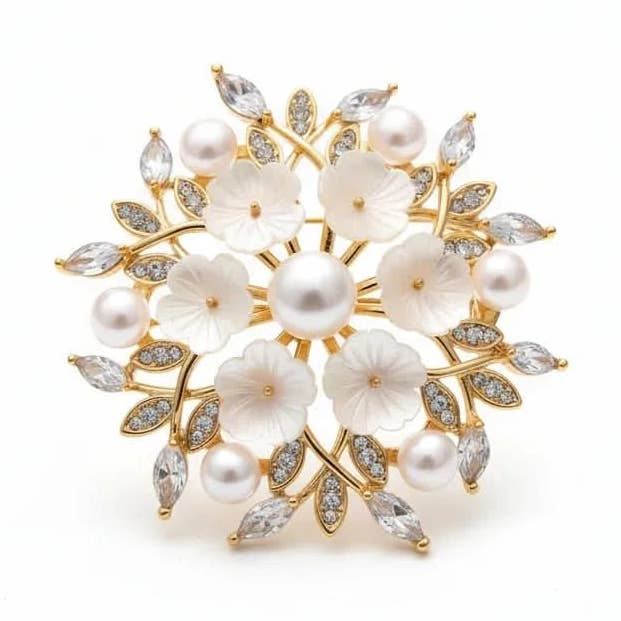 Blossom Pearl Floral Brooch for wholesale by Angel Barocco