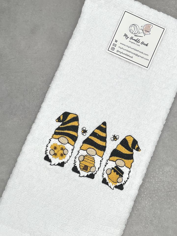 Bumblebee Gnome Trio Kitchen Towel / Summer Decorative Homeware for wholesale by My Humble Hook