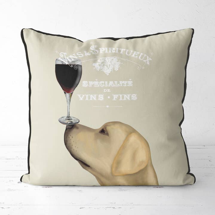 Yellow Labrador Dog Au Vin Wine Pillow or Patio cushion for wholesale by FabFunky Ltd