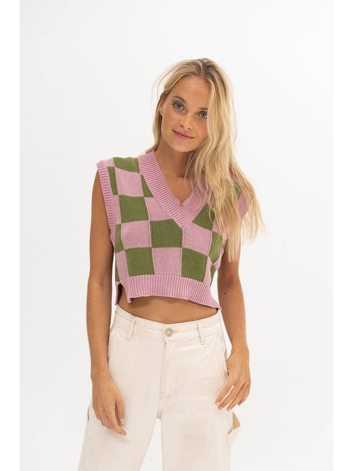 Tipi Tent - Wholesale Sweater Vest - Women's - Green Checkered Vest4