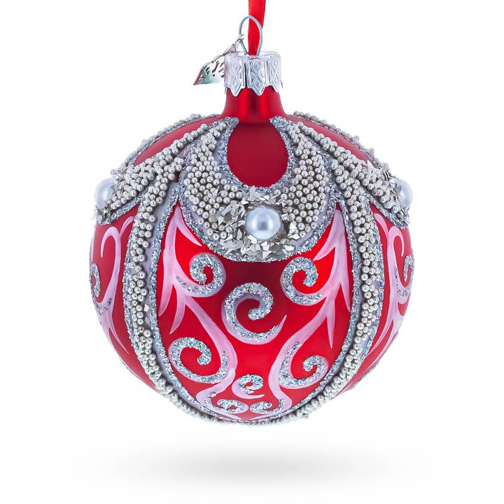 BestPysanky - Wholesale Ornament - Retro Style Red and Gold Reflector with Glitter, Gems & Indent Center Glass Christmas Ornament2