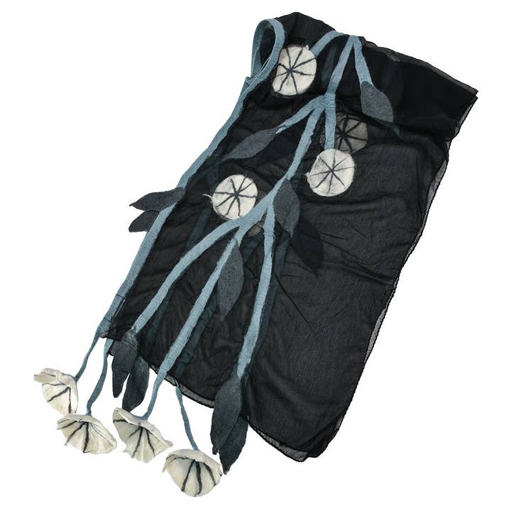 BNB Crafts Inc. - Wholesale Scarf - Women's - Black Chiffon Scarves with Felted Flower Hanging2