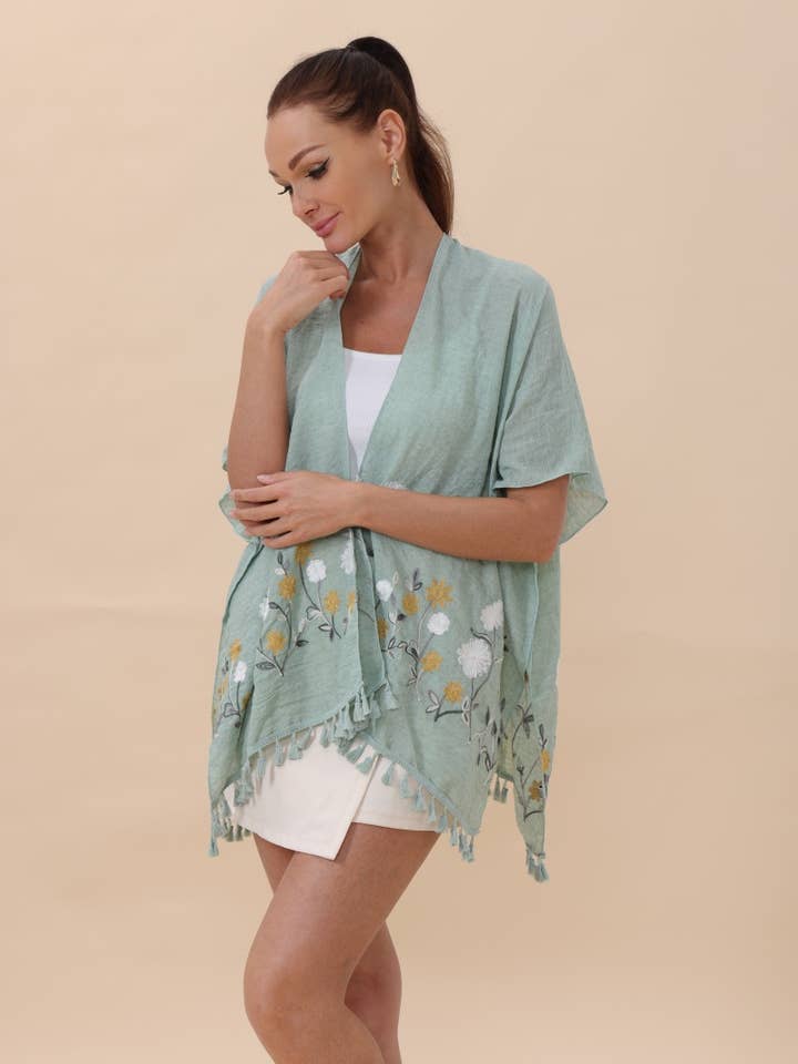 Leto Accessories - Wholesale Kimono - Women's - Floral Embroidered Tassel Hem Kimono Cardigan