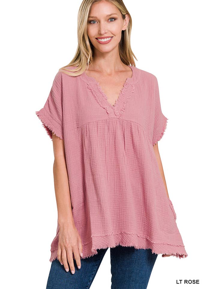 42POPS - Wholesale Tunic - Women's - .Raw Edge Short Sleeve V Neck Shirt