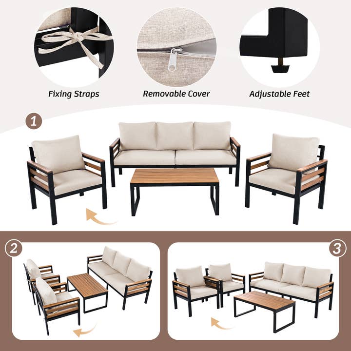 Beige 4-Piece Outdoor Sofa Set with Acacia Armrests & Coffee Table for wholesale on Faire