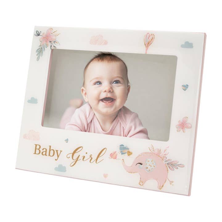 Baby Girl Baby Picture Frame with Soft Pastel Pink Elephant and Hearts for wholesale by Happy Homewares