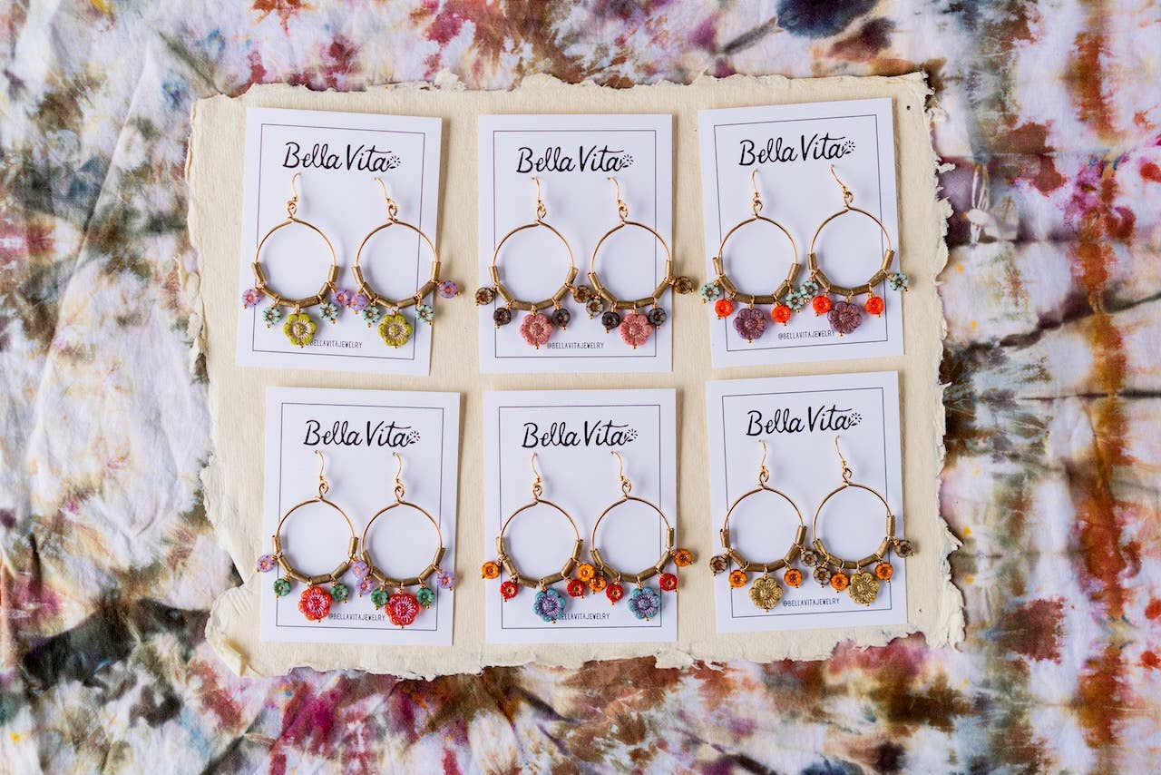 Bella Vita Jewelry - Wholesale Dangle Earrings - Flower Power | Bouquet Hoop Glass Flower Bead Earrings3
