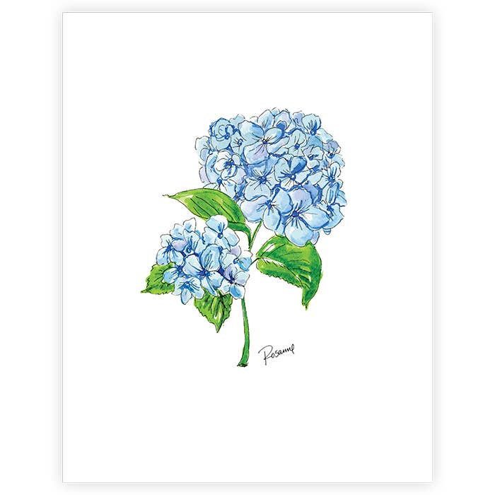 Impression artistique d'hortensias bleus à double floraison peinte à la main pour la vente par RosanneBeck Collections