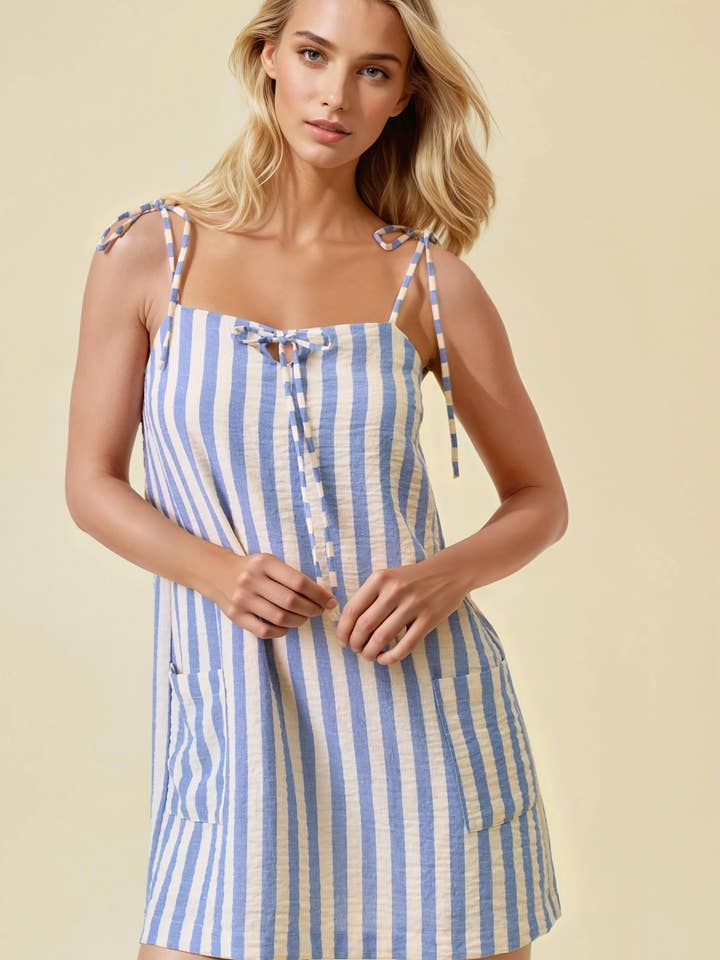 STRIPE COTTON GAUZE TIE SHOULDER MINI DRESS - 28211D for wholesale by Doe and Rae