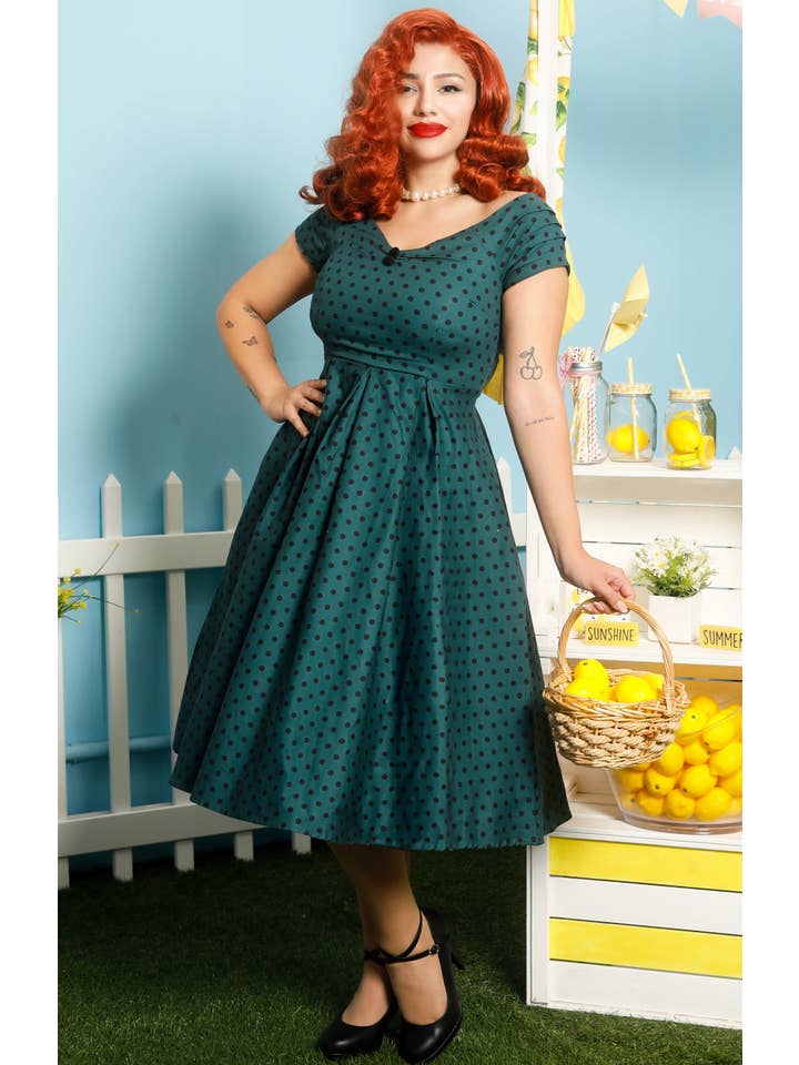 Dolly & Dotty - Wholesale Dress - Women's - 50s-Style Off Shoulder Polka Dot Swing Dress in Olive Green