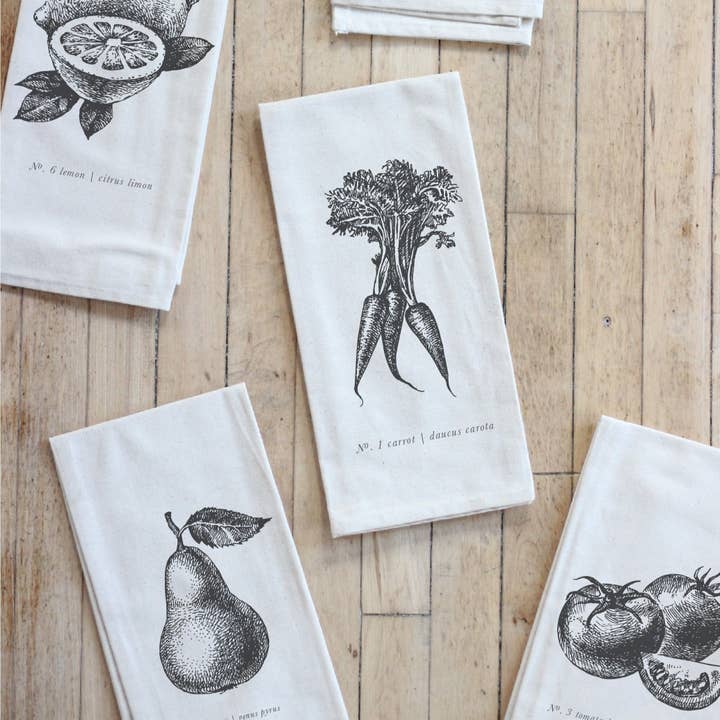 Fruits/Veggies Black + White Tea Towel for wholesale by DWELL Home Shoppe