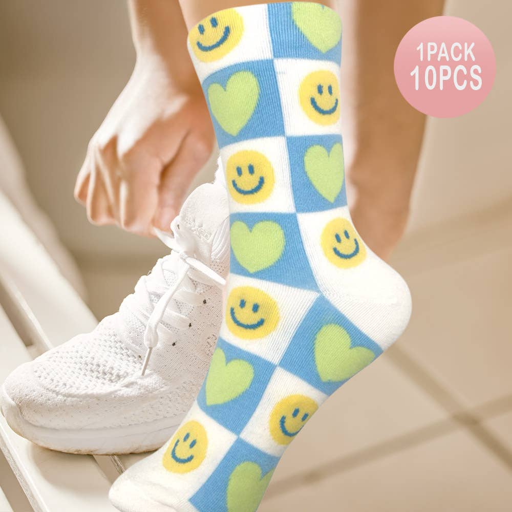 Sensibling Corp. - Wholesale Socks - Women's - 10Pairs - Smile Face Heart Pattern Printed Socks0