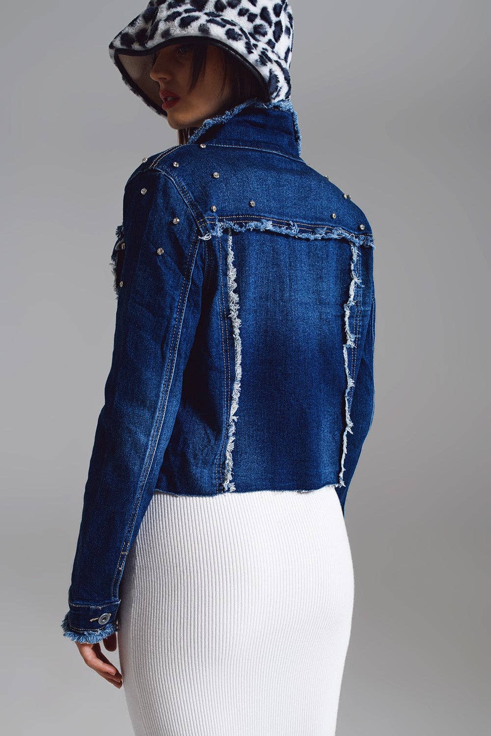 Blue Denim jacket with frayed and embroidered details in Midwash for wholesale on Faire1