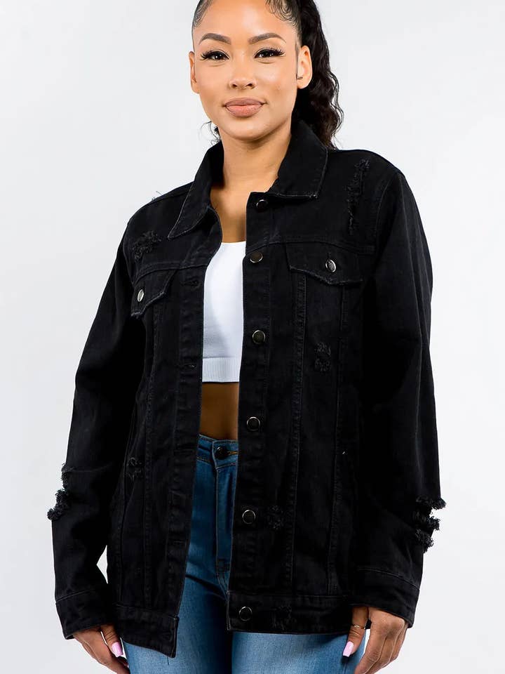 American Bazi Full Size Button Up Distressed Denim Jacket for wholesale by Lecatta Fashion