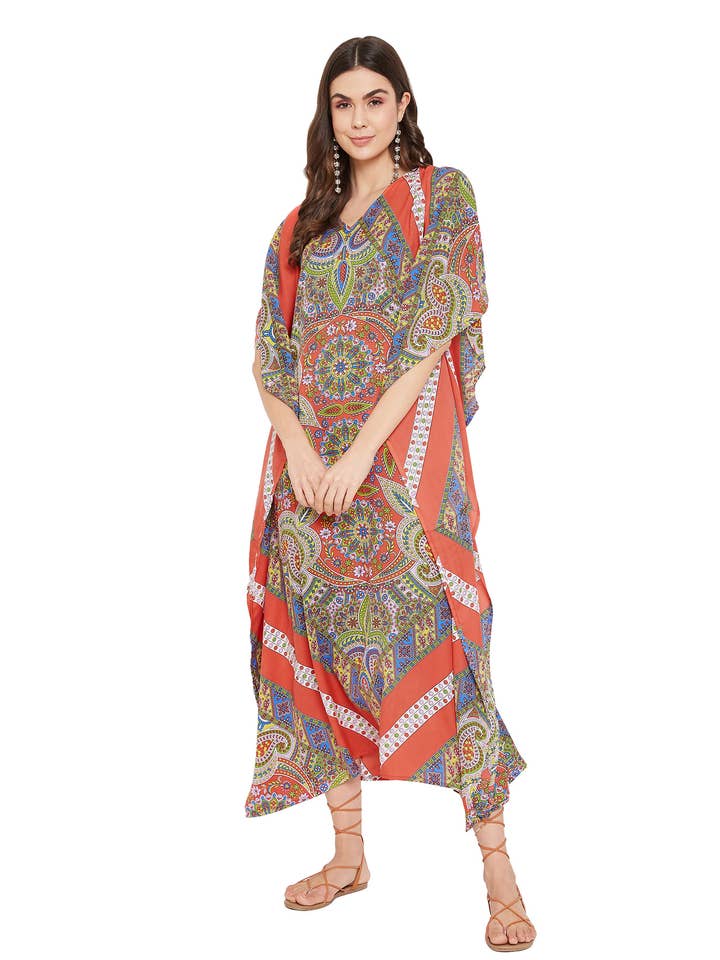 Paisley Printed Red Polyester Kaftan Dress for Women for wholesale by GYPSIE BLU