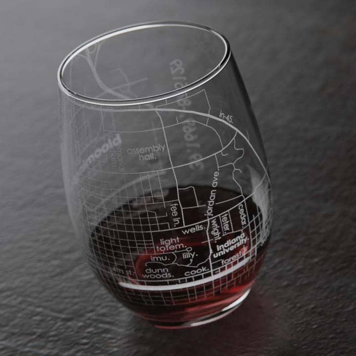 Well Told - Wholesale Wine Glass - Bloomington IN -Indiana Univ College Town Map Stemless Glass