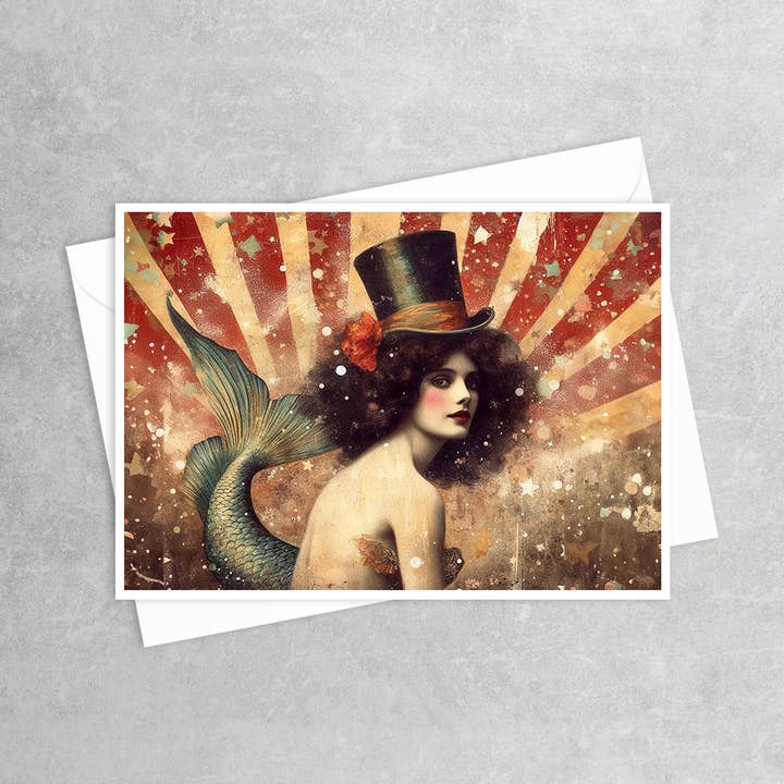 Carte de vœux vintage avec affiche de cirque rétro en forme de sirène 48RD pour la vente par Salty Alyce