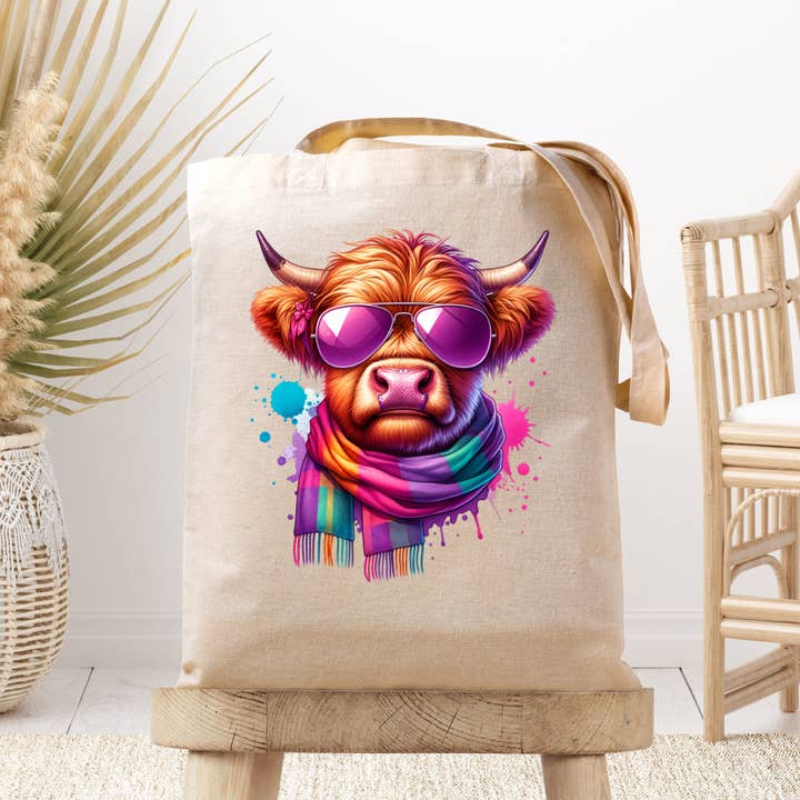 Dark Horse Dream Designs LLC - Wholesale Tote Bag - Women's - The Retro Hip Highland Cow - Canvas Tote Bag