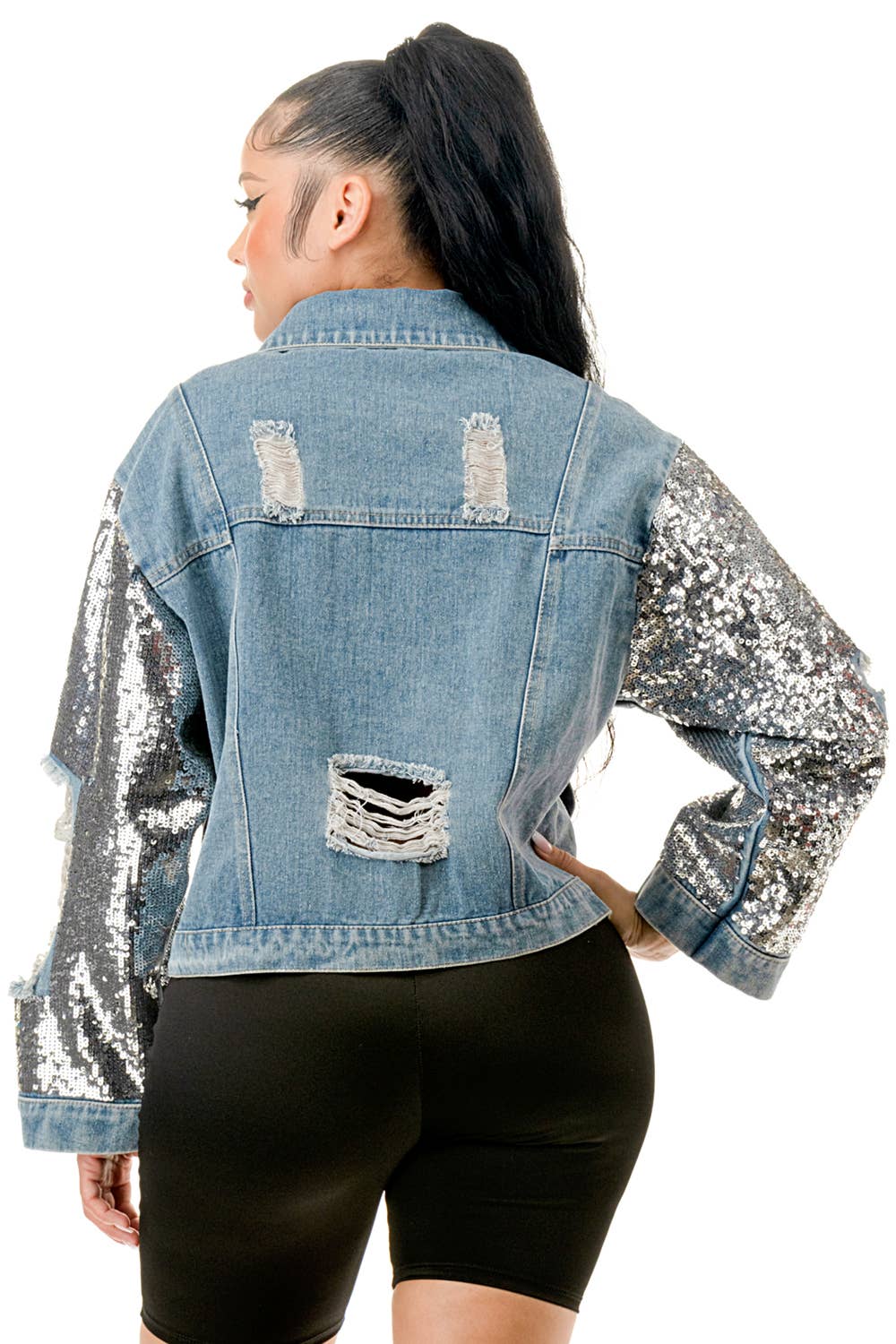 SALT - Wholesale Denim Jacket - Women's - (NJ7209)Sequin Sleeve Distressed Denim Crop Jacket2