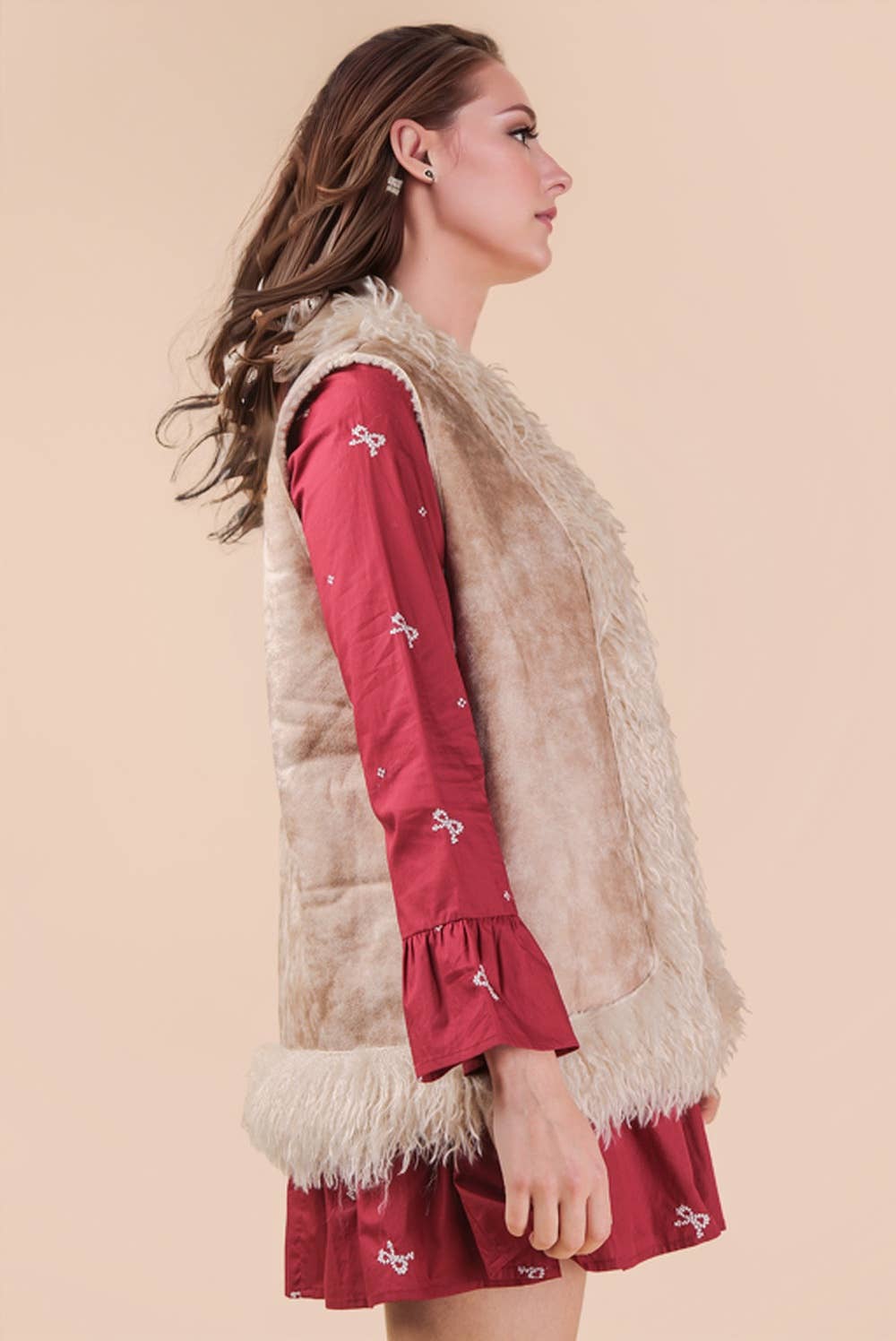 VERY J - Vente Veste sans manches – femme - NJ90398-Gilet Bohème en Suédine Sherpa avec Fausse Fourrure6