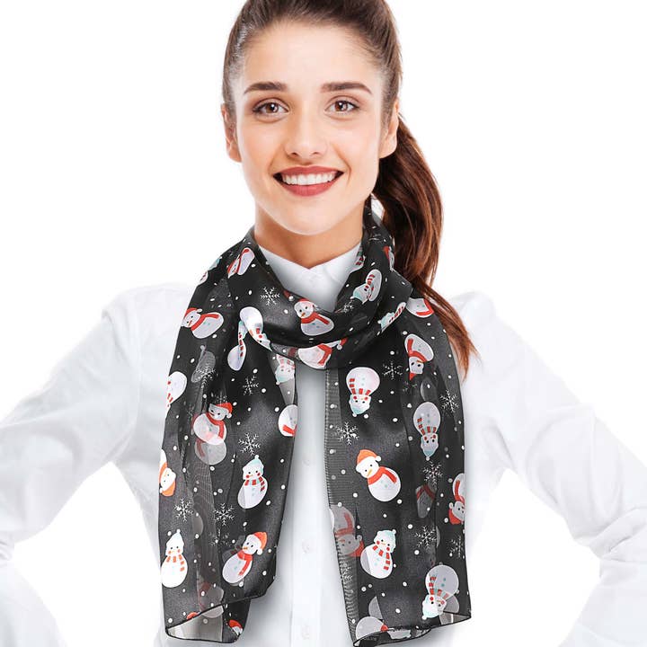Cube Enterprise - Wholesale Scarf - Women's - Snowflakes & Snowman Winter Theme Scarf - Silk Feeling Scarf