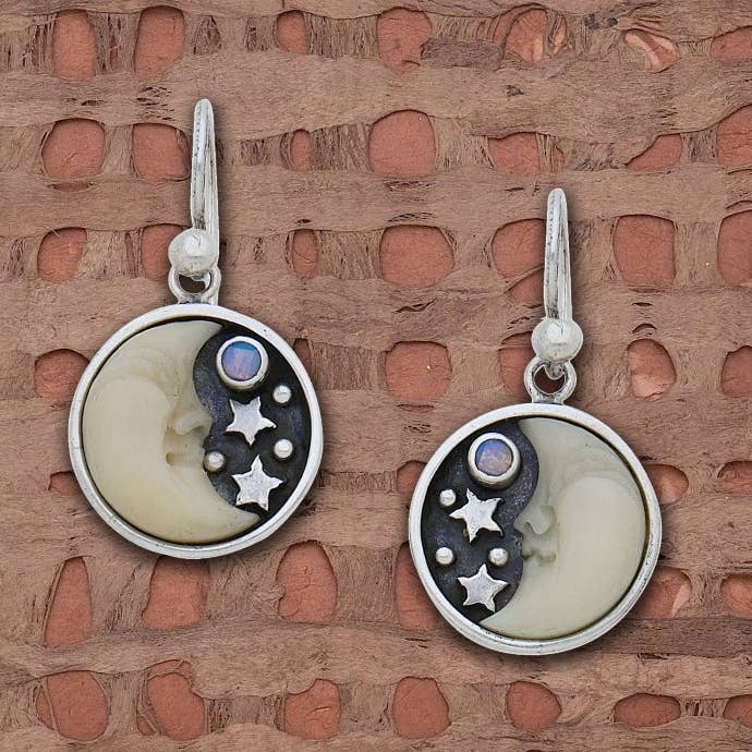 Tagua Nut Half Moon w/ Opal Cab and Stars Earrings for wholesale by Tidepool