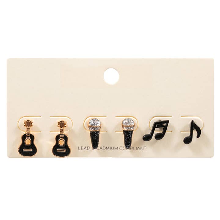 Sensibling Corp. - Wholesale Jewelry Set - 3PAIRS - Enamel Guitar Mic Music Note Stud Earring Set
1