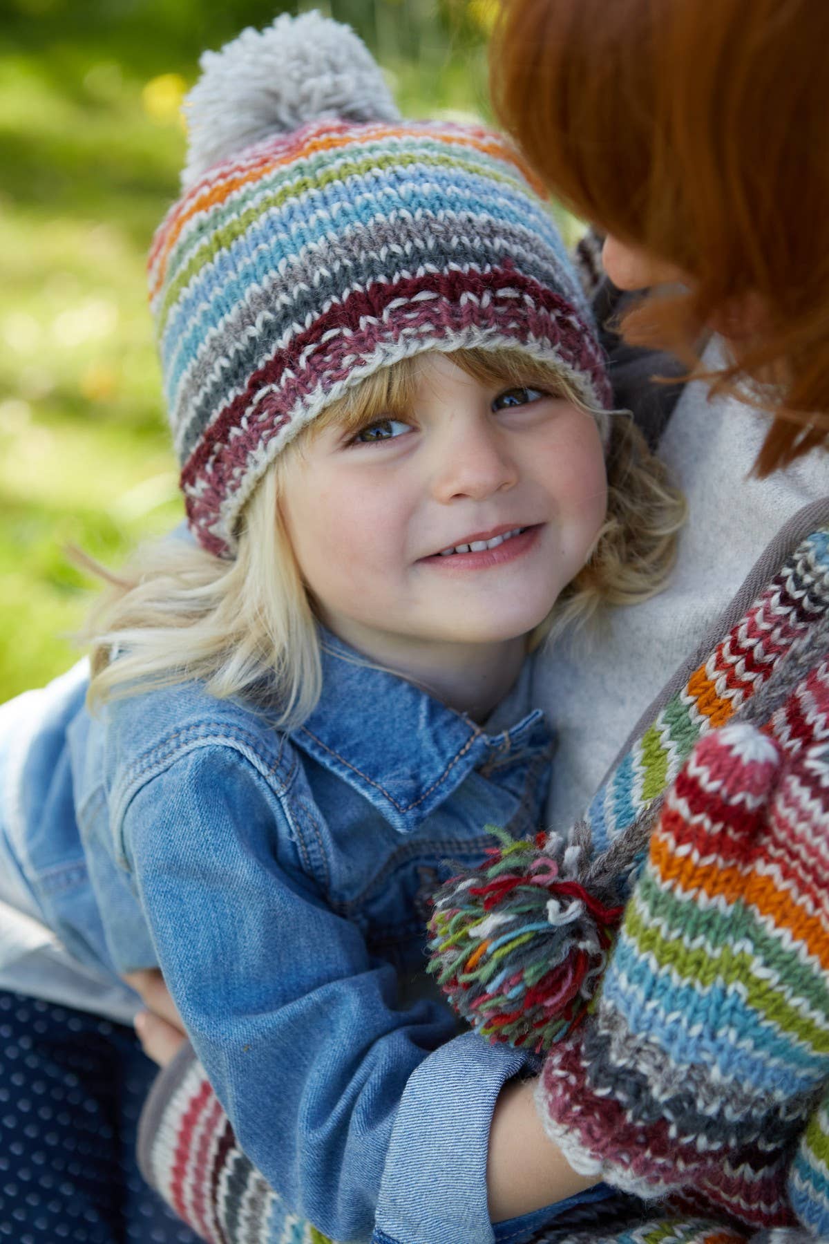 One Colour Kids Hoxton Colourful Stripe Knitted Wool Bobble Beanie Hat for wholesale on Faire5