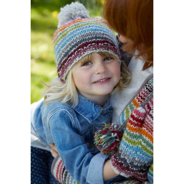 One Colour Kids Hoxton Colourful Stripe Knitted Wool Bobble Beanie Hat for wholesale on Faire5