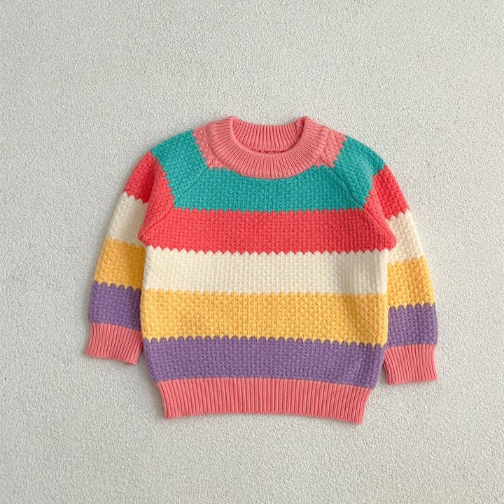 Pink Baby Girl Rainbow Strips Knitting Pullover Sweater for wholesale on Faire