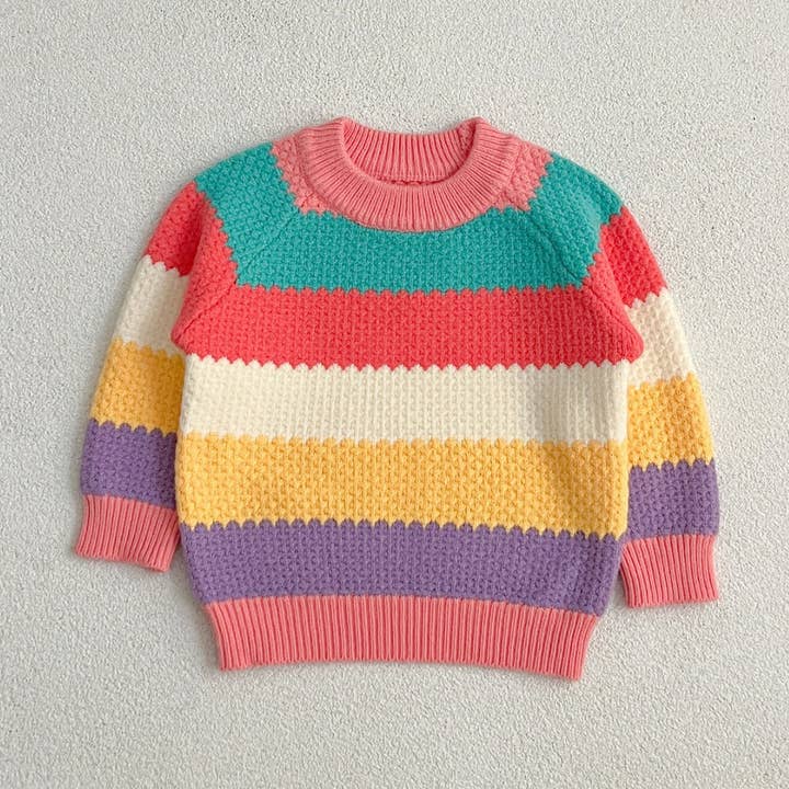Rosa Strickpullover mit Streifen in Regenbogenfarben für Mädchen für den Großhandel auf Faire0