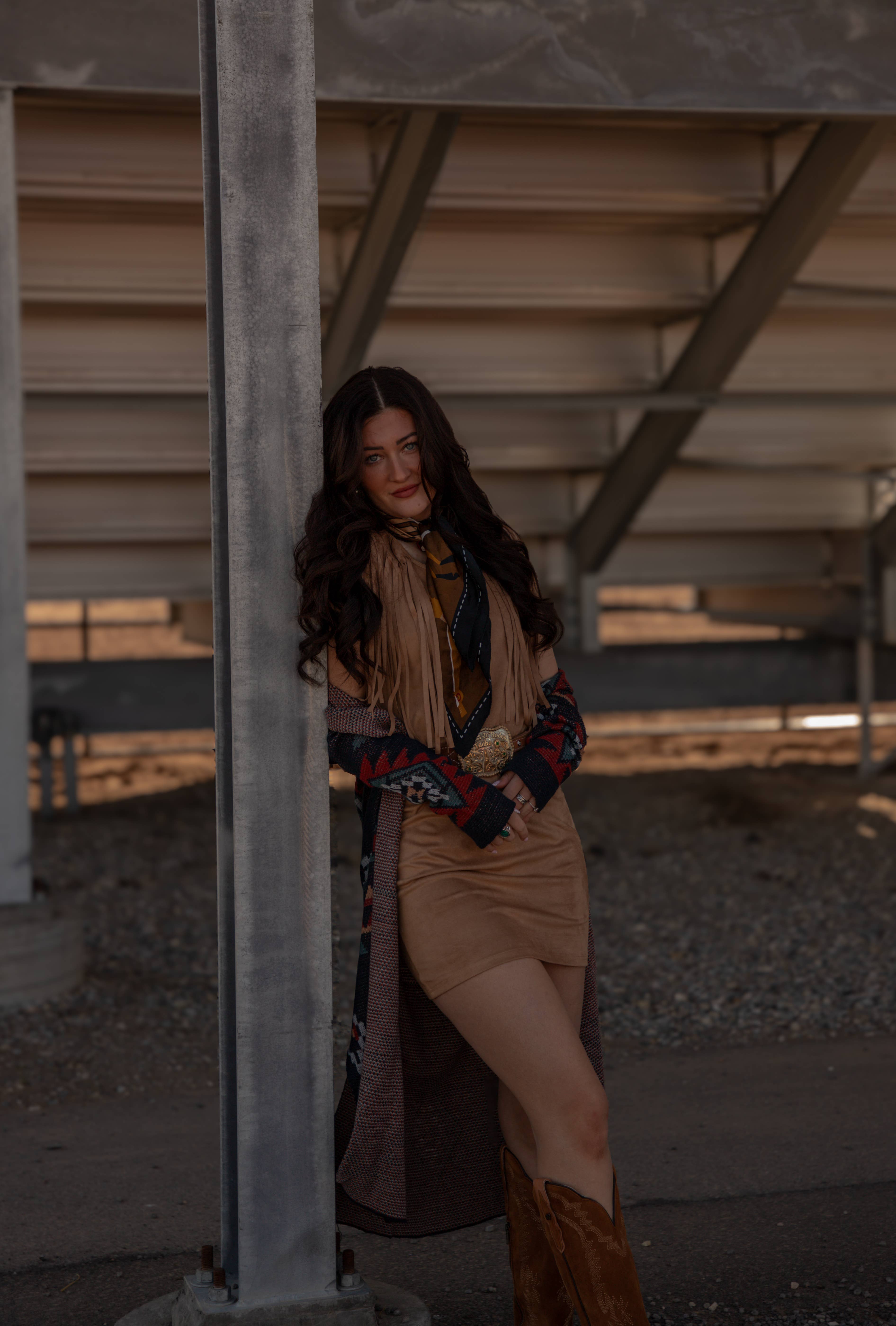 Multi Colored Poly Faux Suede Dress with Frings-D-203 for wholesale on Faire8