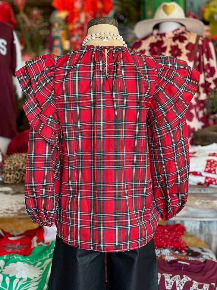 Christmas red & green plaid ruffle Balloon Sleeve blouse for wholesale on Faire2