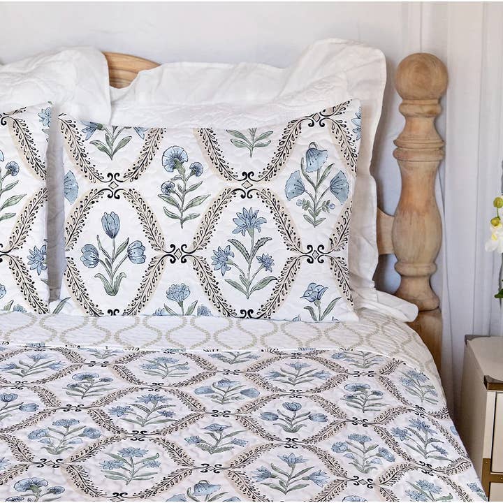 Charlotte White/Blue Quilt for wholesale by Ida Mae Home