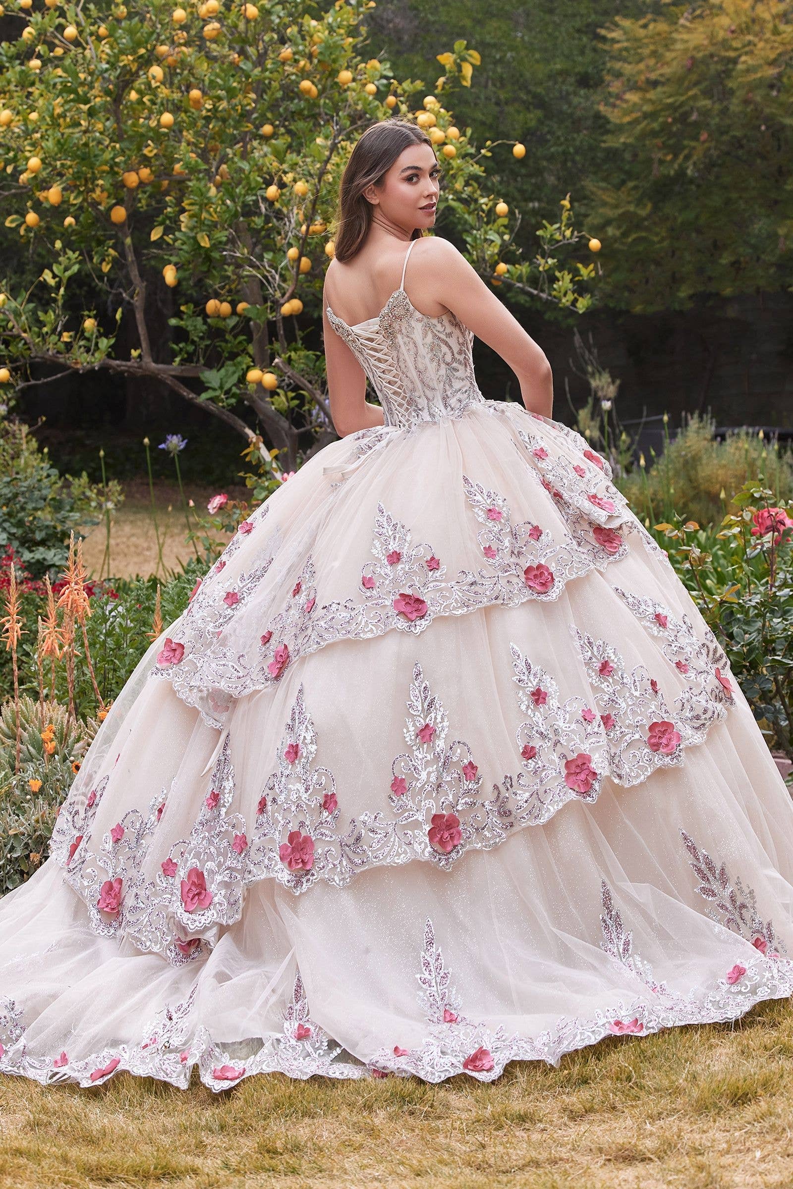 Champagne Layered Tulle Quince Ball Gown With Foral Applique for wholesale on Faire1