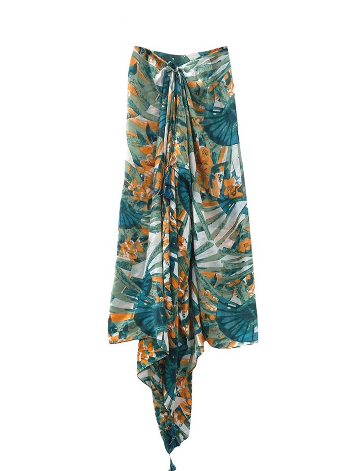 Asian Garden Coral Green Print Scarf Wrap Sarong for wholesale by Subtle Luxury